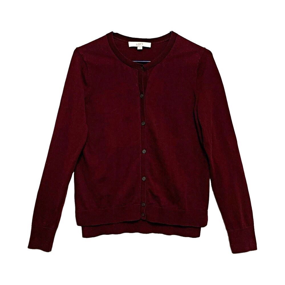 LOFT Cardigan Sweater Women's Size Med Burgundy Button-Up Knit Crew Neck Cotton